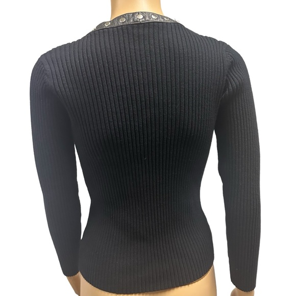 One Girl Who Black Genuine Leather Trim Ribbed Snap Button Up Cardigan Top Small - Picture 4 of 11